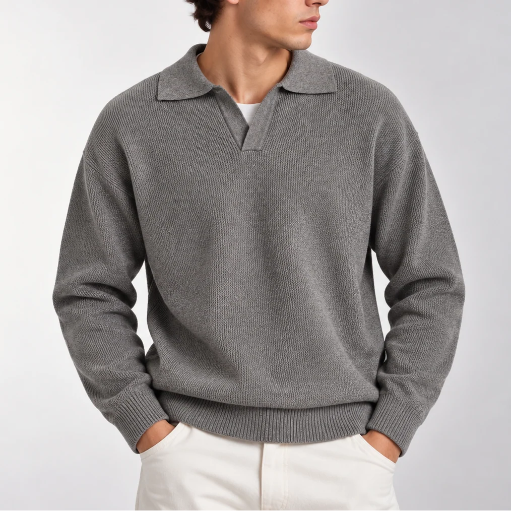 Herren Strickpolopullover mit Langarm und Offenem Kragen