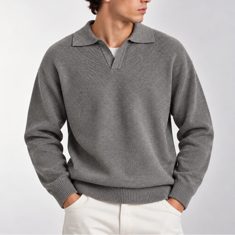 Herren Strickpolopullover mit Langarm und Offenem Kragen