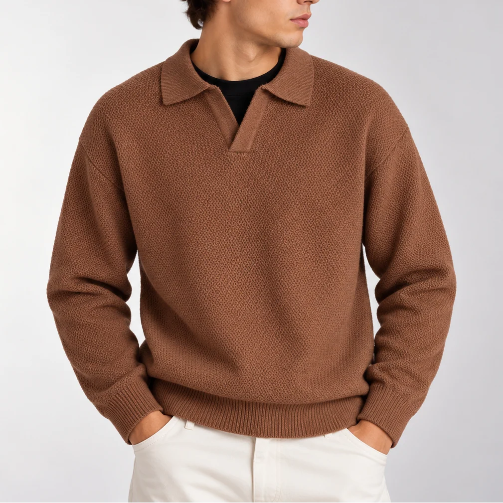 Herren Strickpolopullover mit Langarm und Offenem Kragen