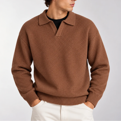 Herren Strickpolopullover mit Langarm und Offenem Kragen