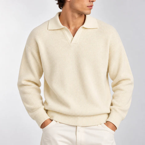 Herren Strickpolopullover mit Langarm und Offenem Kragen
