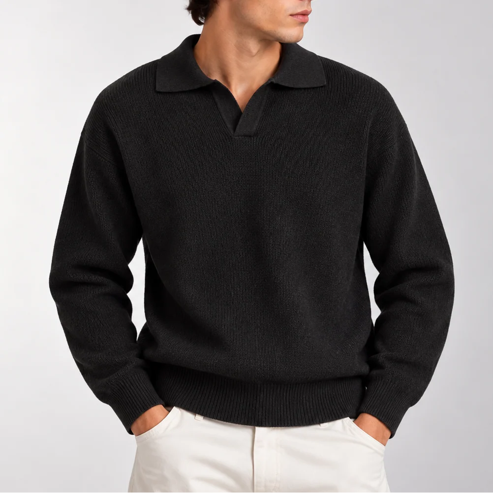 Herren Strickpolopullover mit Langarm und Offenem Kragen