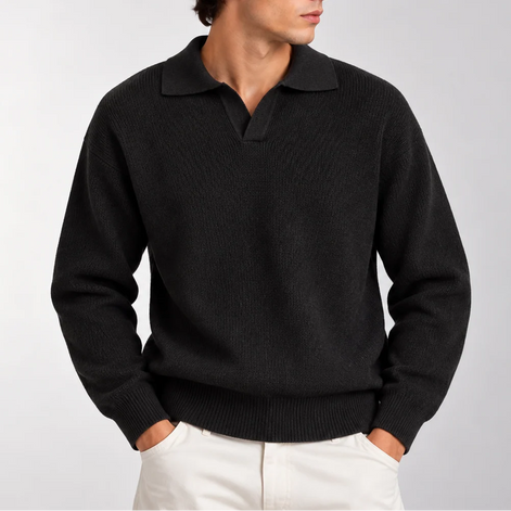 Herren Strickpolopullover mit Langarm und Offenem Kragen