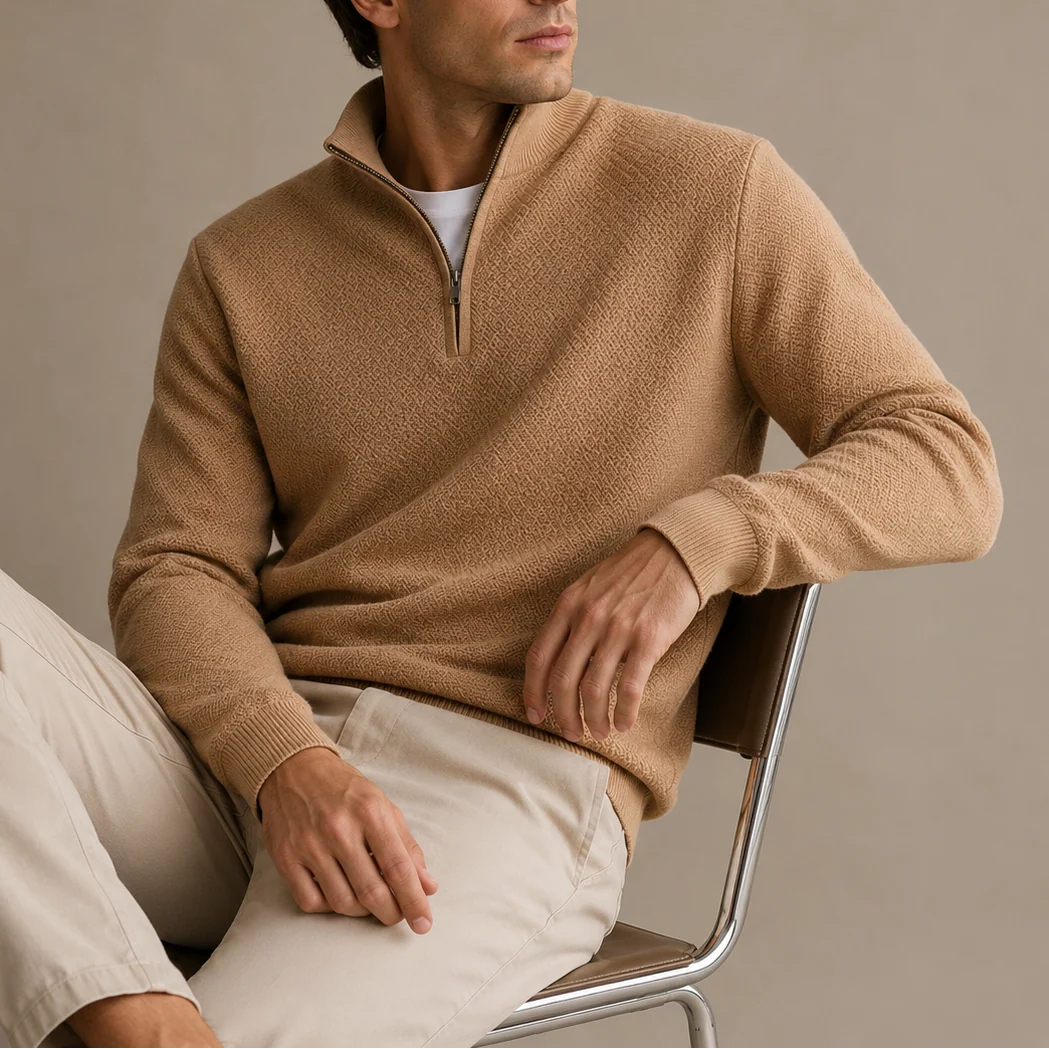 Herren Strickpullover mit Viertelreißverschluss und Stehkragen