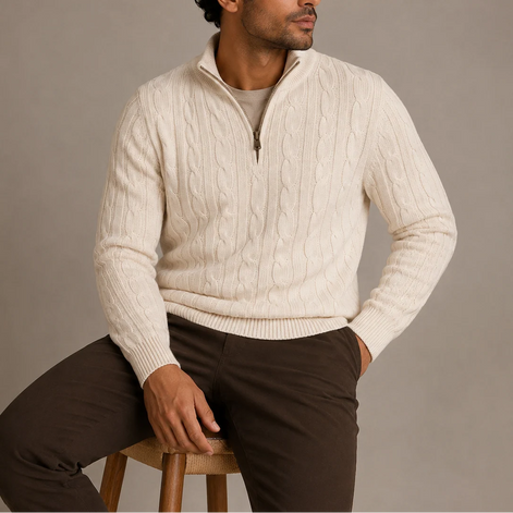 Herren Strickpullover mit Zopfmuster und Stehkragen
