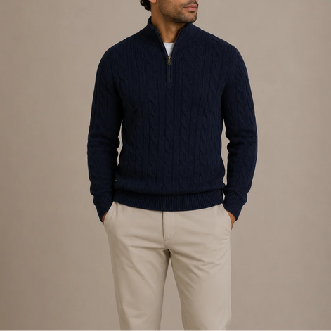 Herren Strickpullover mit Zopfmuster und Stehkragen