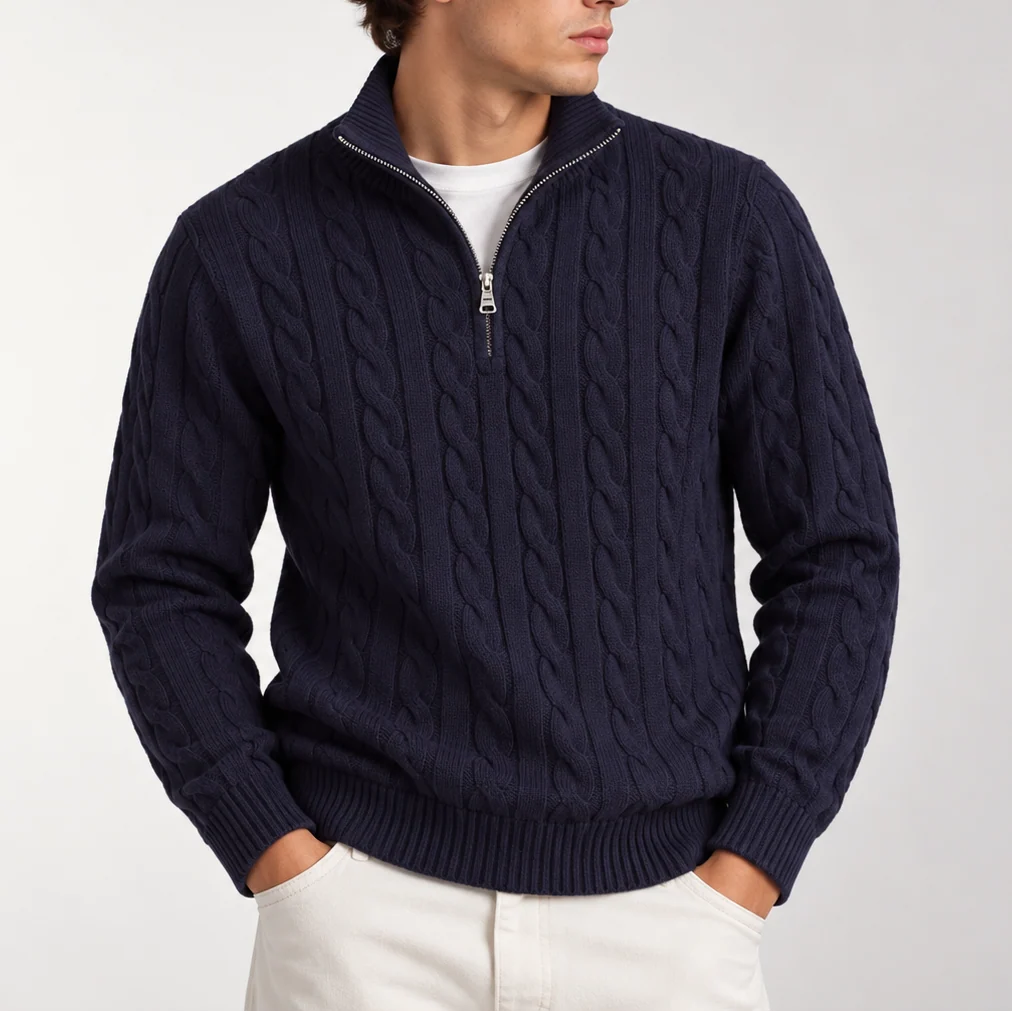 Herren Strickpullover mit Zopfmuster und Viertelreißverschluss