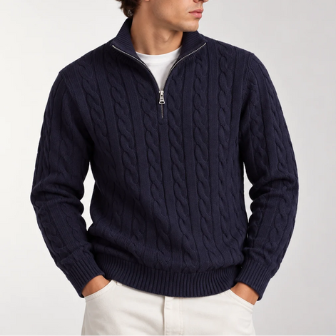 Herren Strickpullover mit Zopfmuster und Viertelreißverschluss
