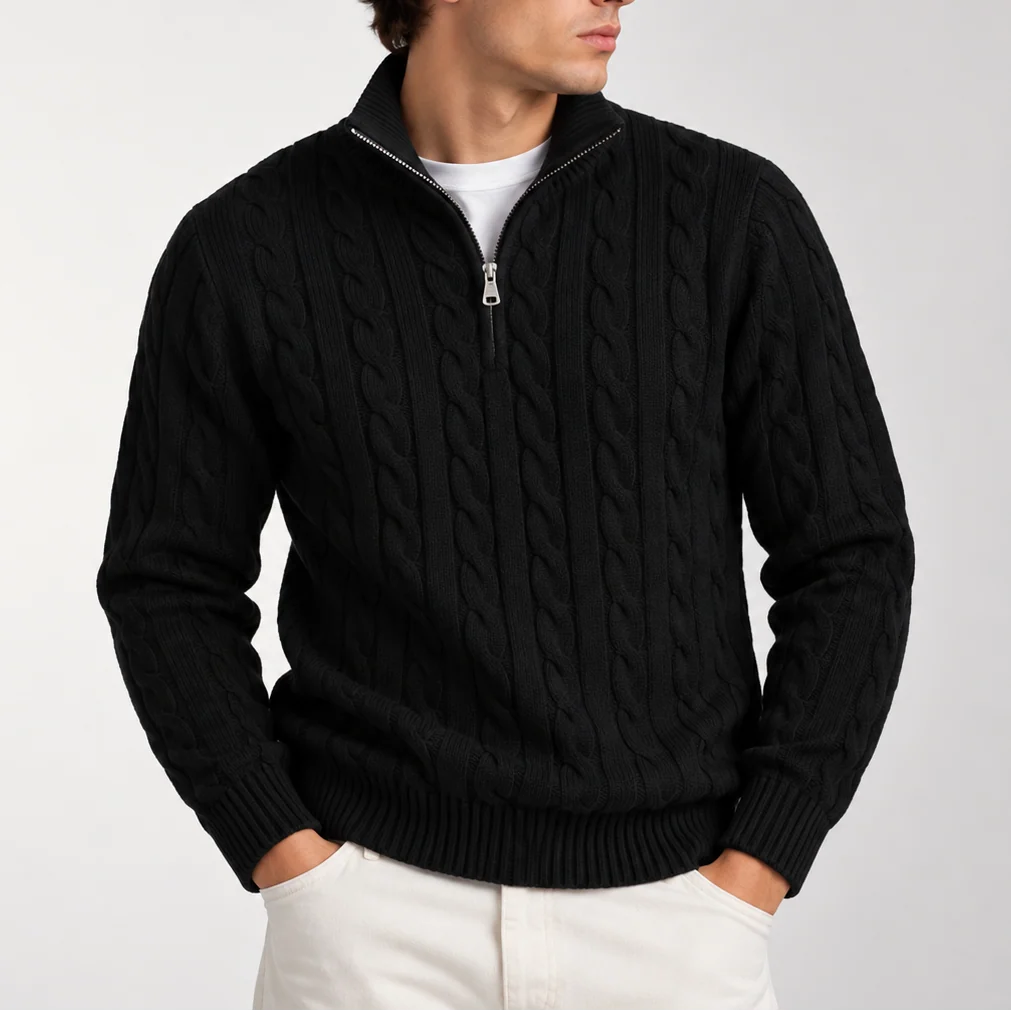 Herren Strickpullover mit Zopfmuster und Viertelreißverschluss