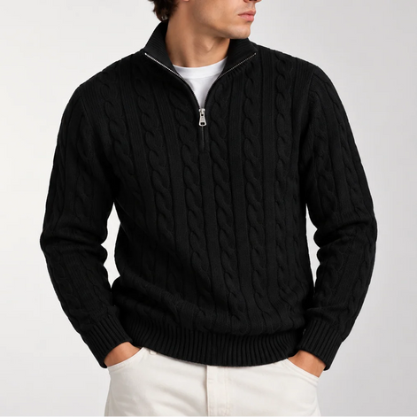 Herren Strickpullover mit Zopfmuster und Viertelreißverschluss