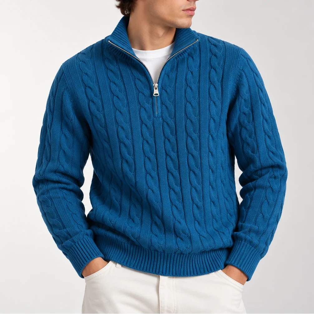 Herren Strickpullover mit Zopfmuster und Viertelreißverschluss