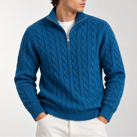Herren Strickpullover mit Zopfmuster und Viertelreißverschluss