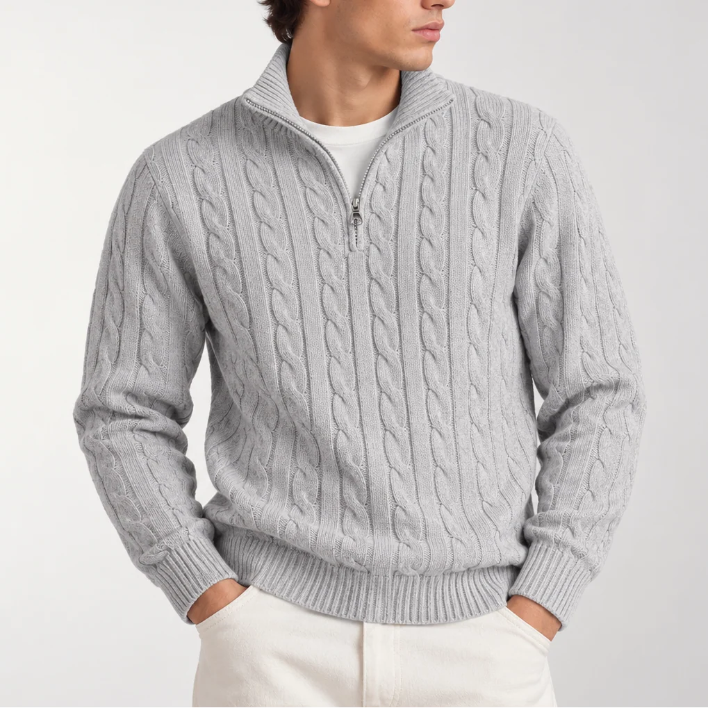 Herren Strickpullover mit Zopfmuster und Viertelreißverschluss