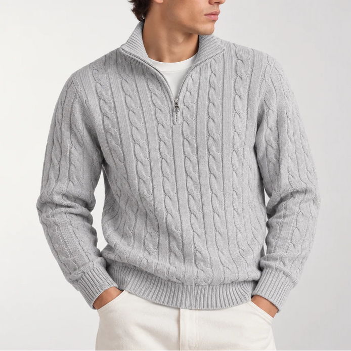 Herren Strickpullover mit Zopfmuster und Viertelreißverschluss