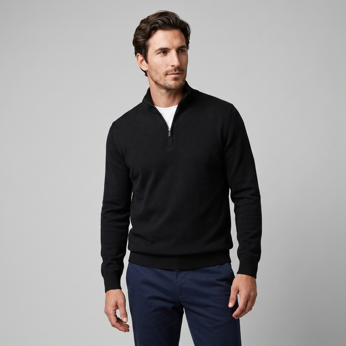 Herren V-Ausschnitt-Pullover mit Reissverschluss-Detail