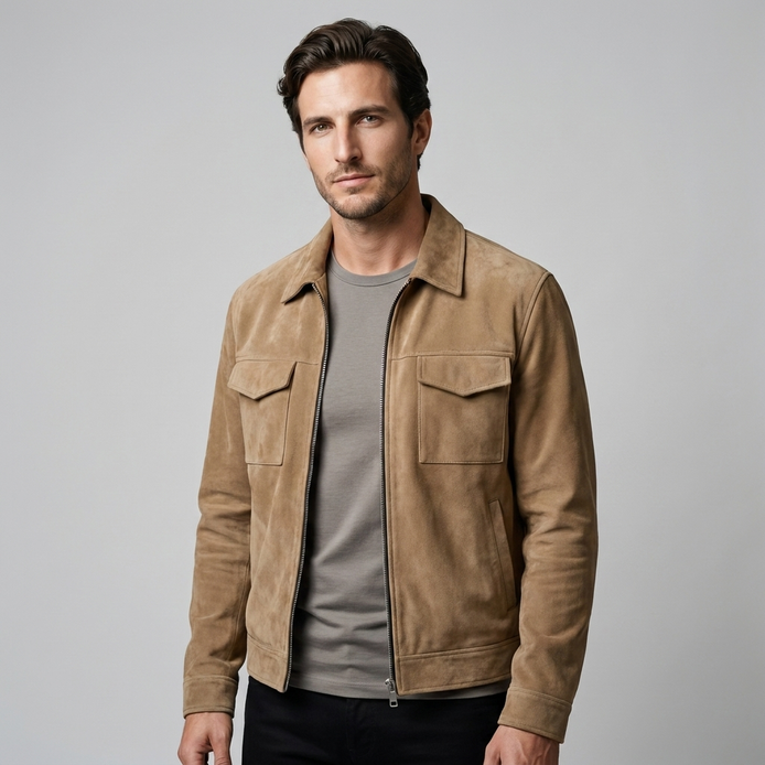 Herren Wildleder-Optik Jacke mit Flap-Taschen