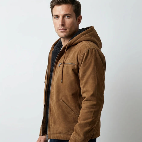 Herren Wildlederjacke mit Kapuze und Reißverschluss
