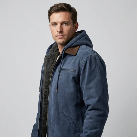 Herren Wildlederjacke mit Kapuze und Reißverschluss