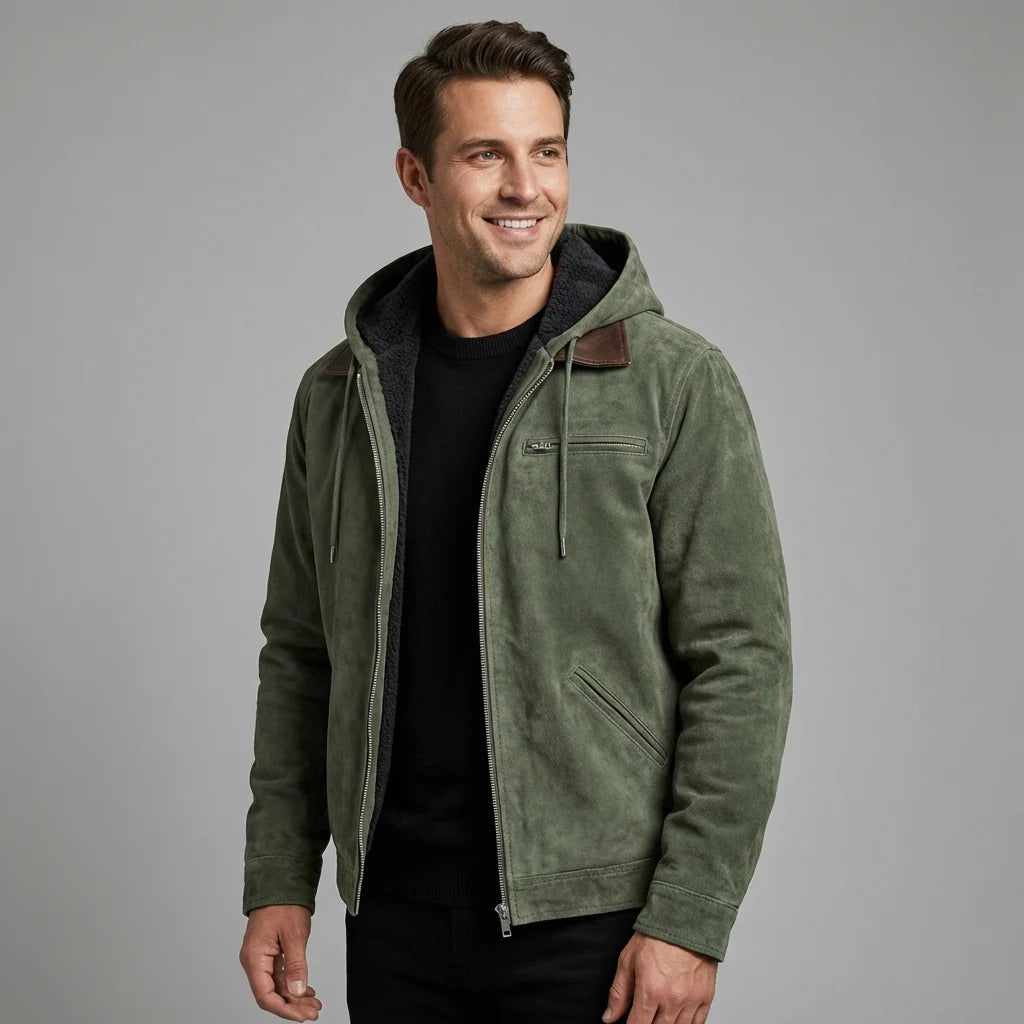 Herren Wildlederjacke mit Kapuze und Reißverschluss