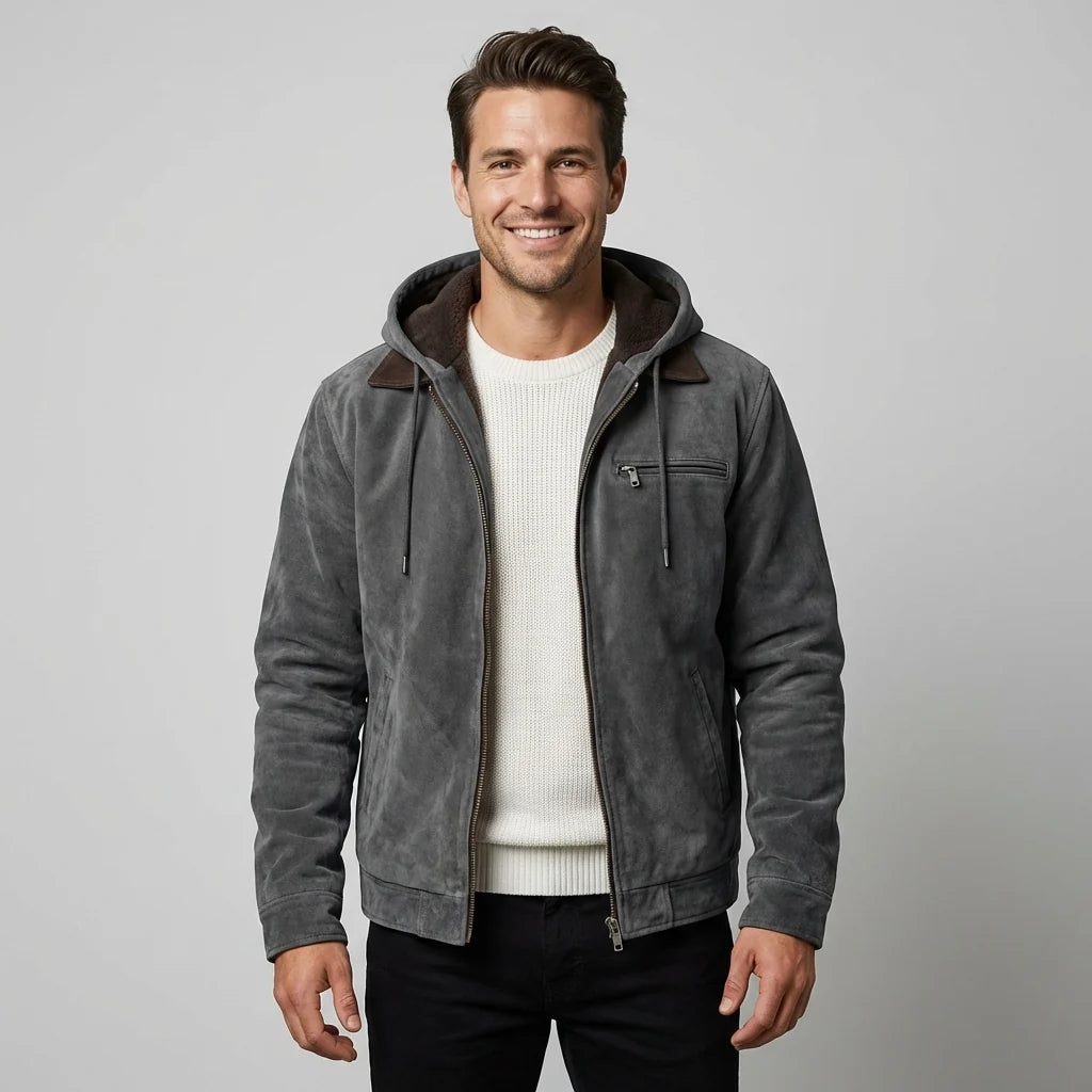 Herren Wildlederjacke mit Kapuze und Reißverschluss