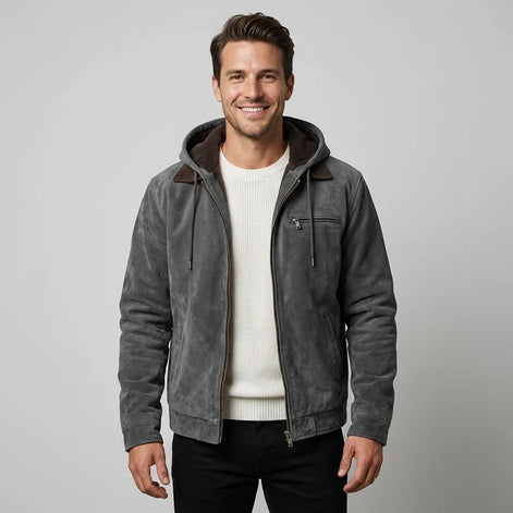 Herren Wildlederjacke mit Kapuze und Reißverschluss