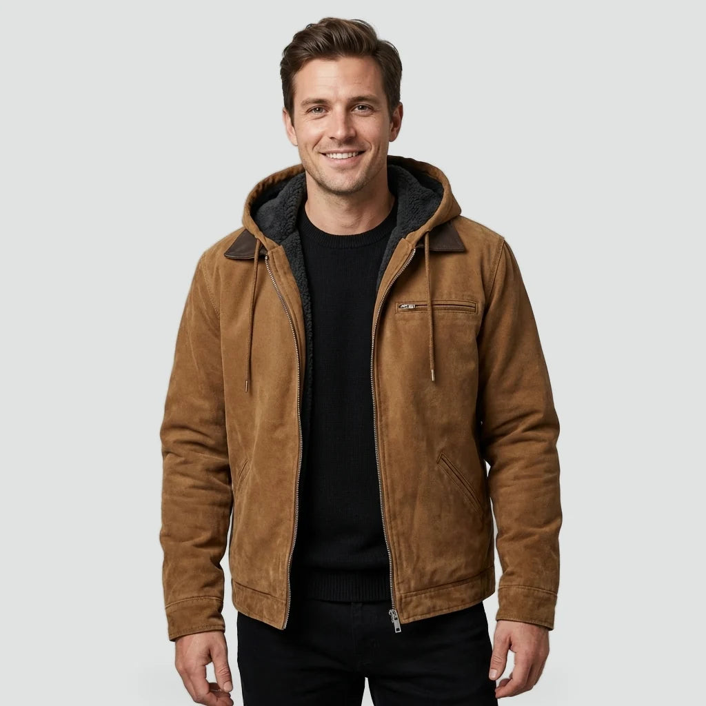 Herren Wildlederjacke mit Kapuze und Reißverschluss