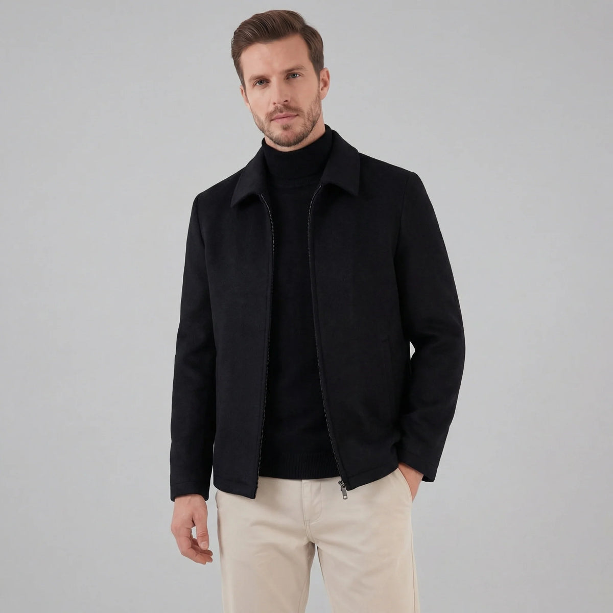 Herren Wollmischjacke Hüftlang Minimalistisch mit Reißverschluss