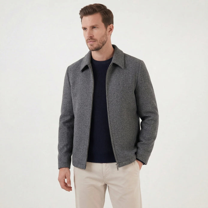 Herren Wollmischjacke Hüftlang Minimalistisch mit Reißverschluss