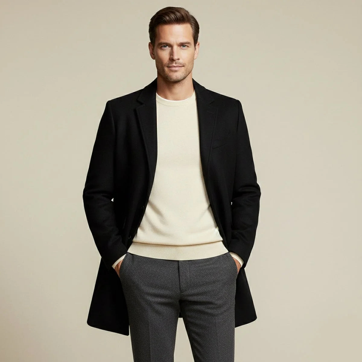 Herren Wollmischmantel Tailliert Langer Schnitt