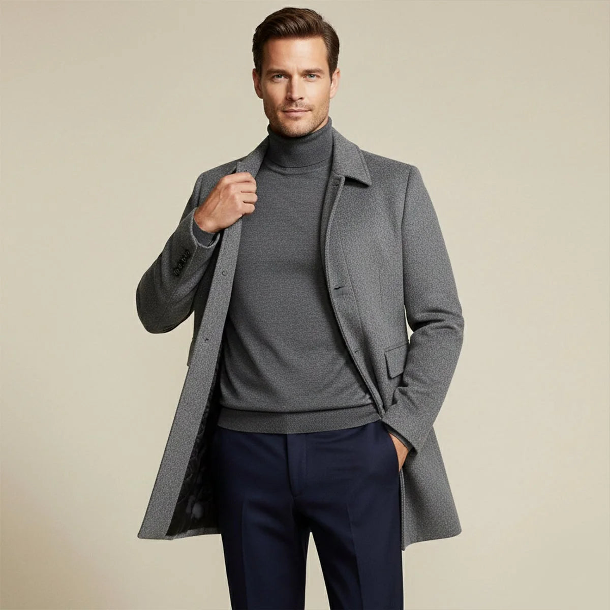 Herren Wollmischmantel Tailliert Langer Schnitt