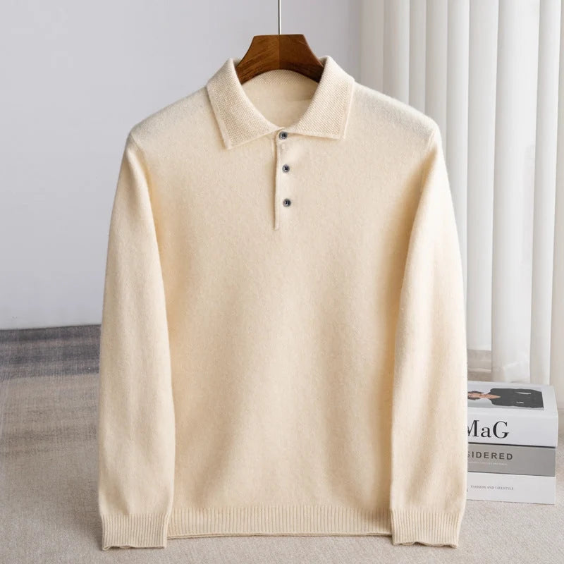 Herren Wollpullover mit Polokragen und Drei-Knopf-Verschluss