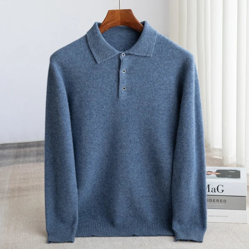 Herren Wollpullover mit Polokragen und Drei-Knopf-Verschluss