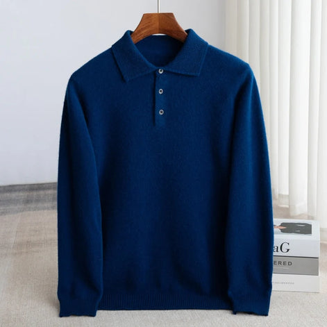 Herren Wollpullover mit Polokragen und Drei-Knopf-Verschluss