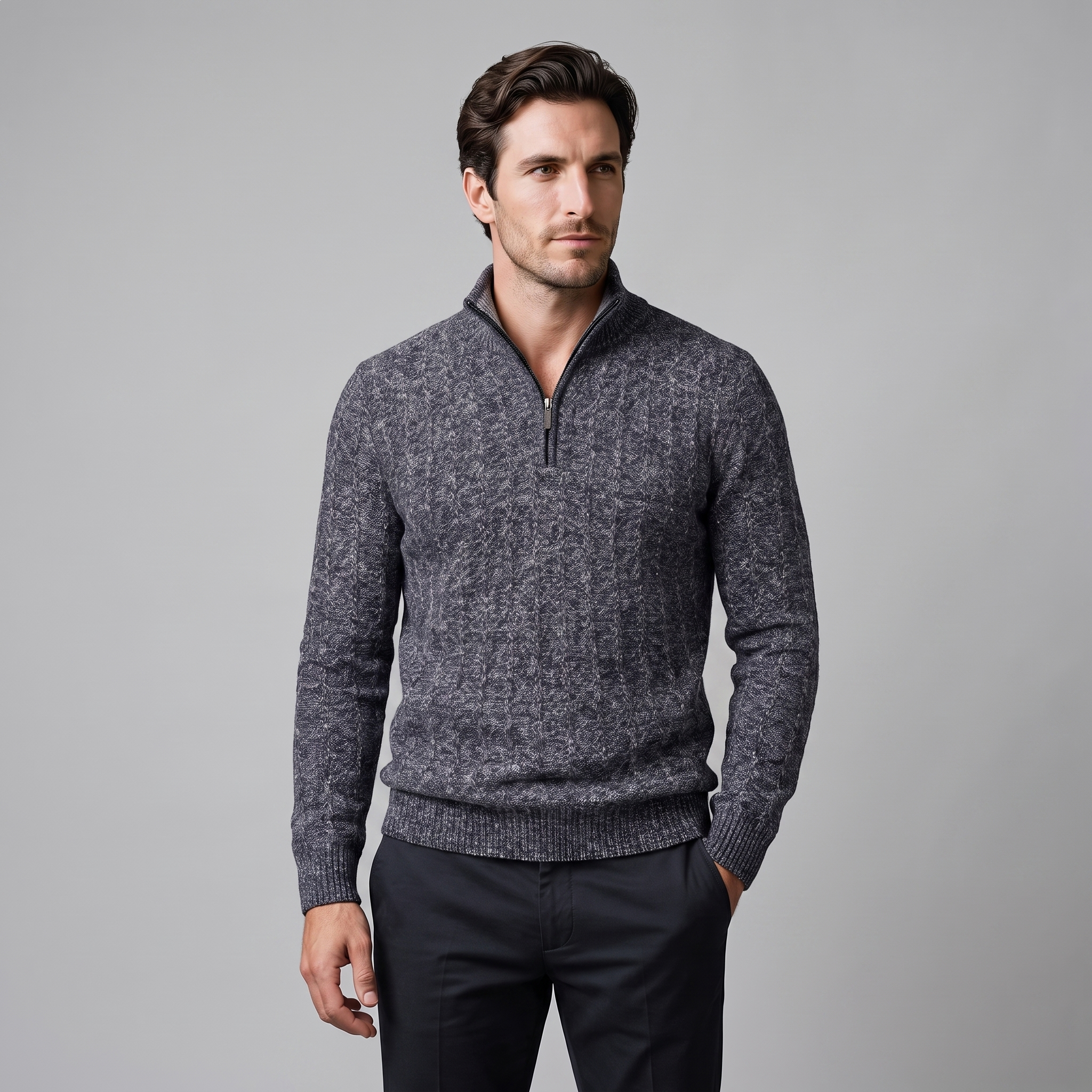 Herren Zopfmuster-Pullover mit Quarter-Zip