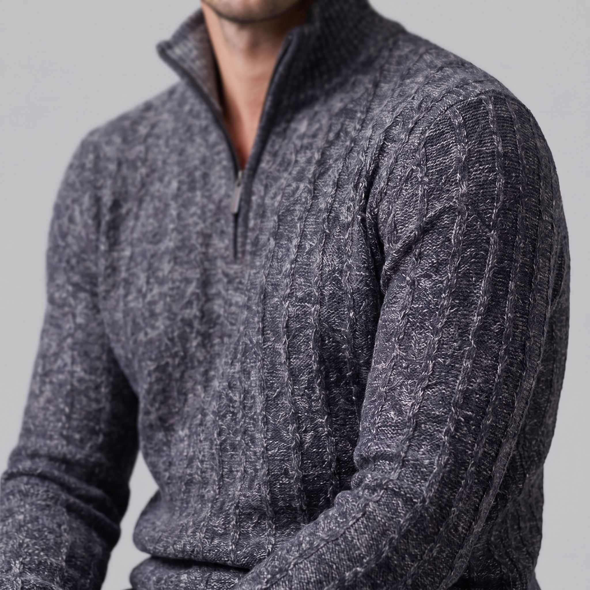 Herren Zopfmuster-Pullover mit Quarter-Zip