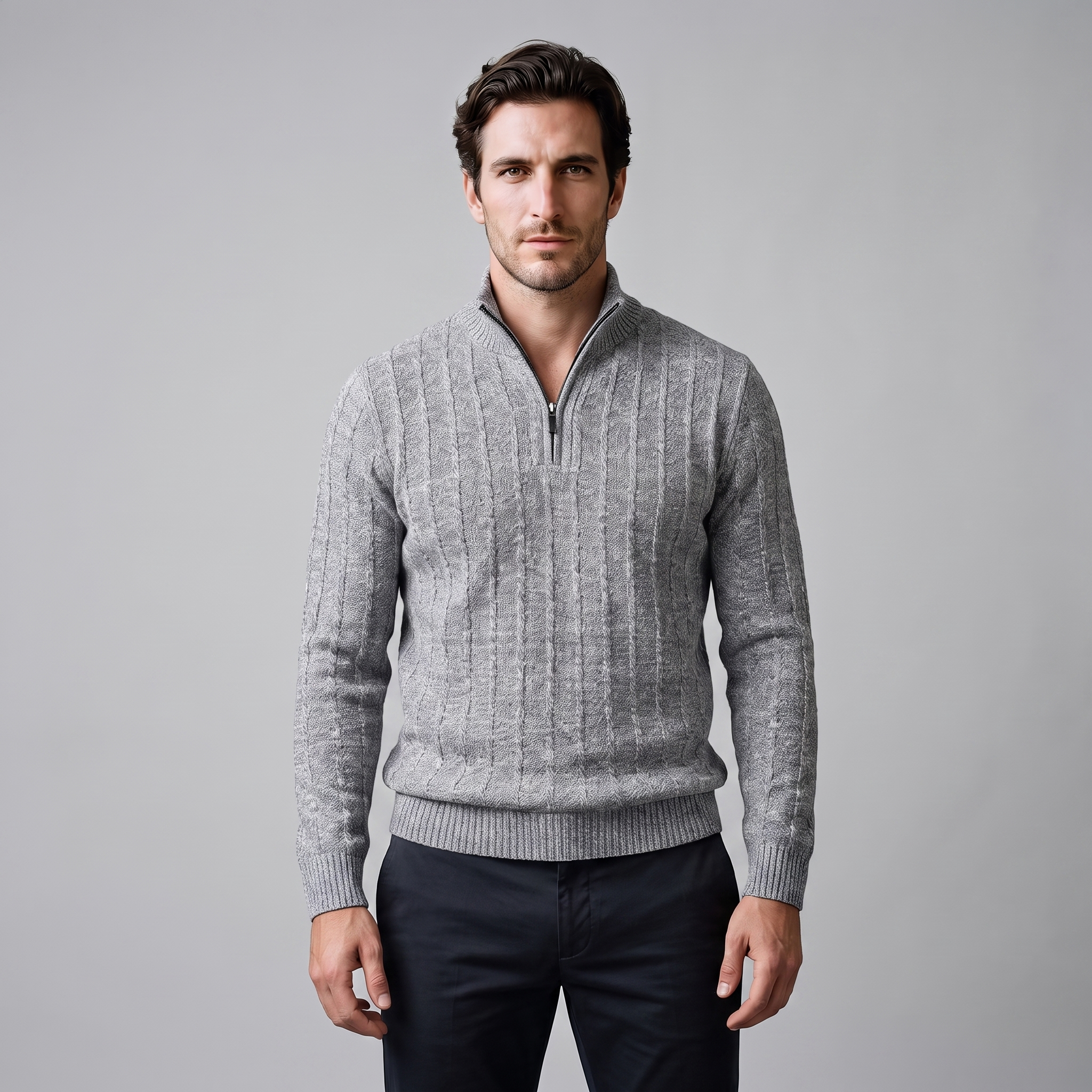 Herren Zopfmuster-Pullover mit Quarter-Zip