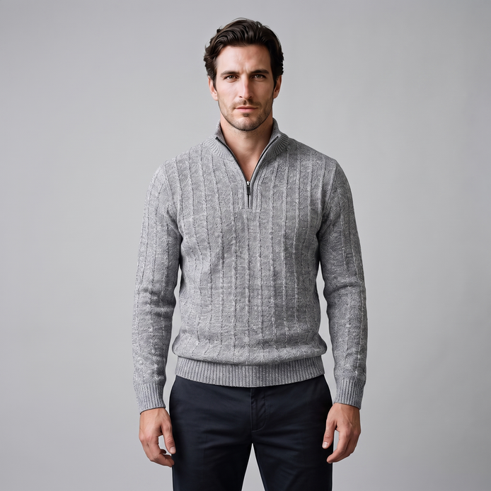 Herren Zopfmuster-Pullover mit Quarter-Zip