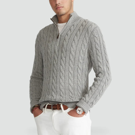Herren Zopfmuster Pullover mit Viertelreißverschluss