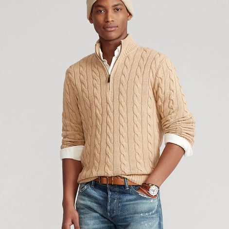 Herren Zopfmuster Pullover mit Viertelreißverschluss