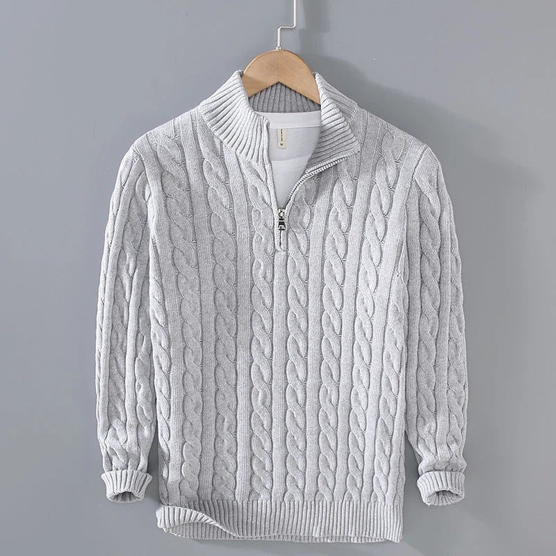 Herren Zopfmuster Pullover mit Viertelreißverschluss