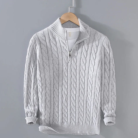 Herren Zopfmuster Pullover mit Viertelreißverschluss