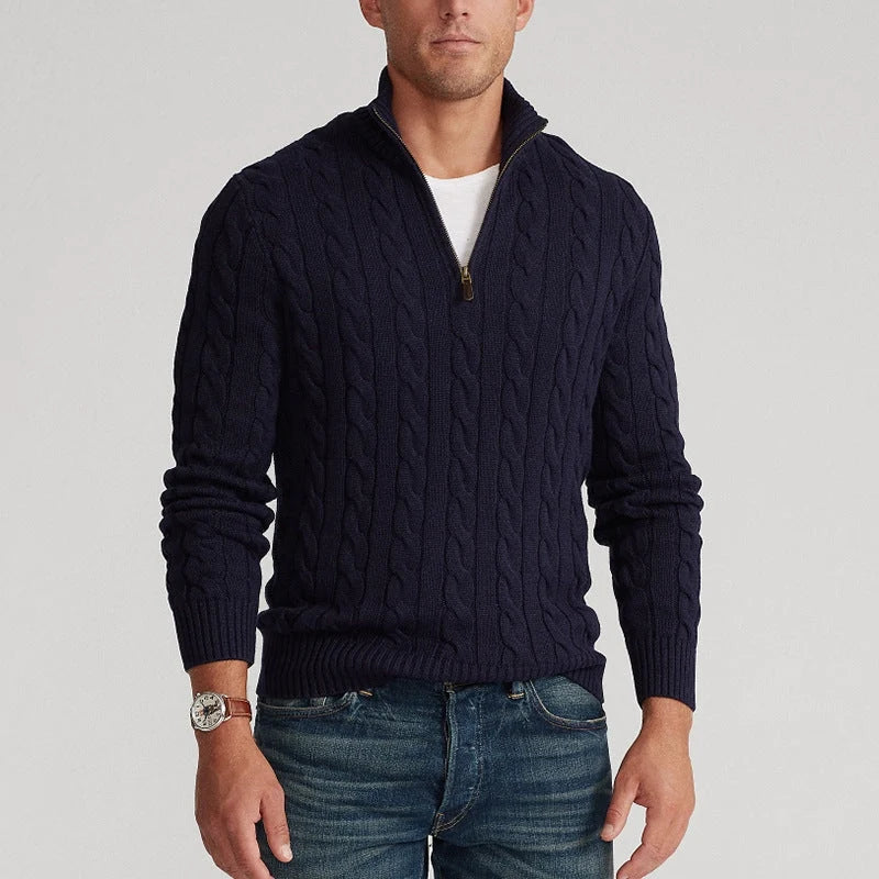 Herren Zopfmuster Pullover mit Viertelreißverschluss