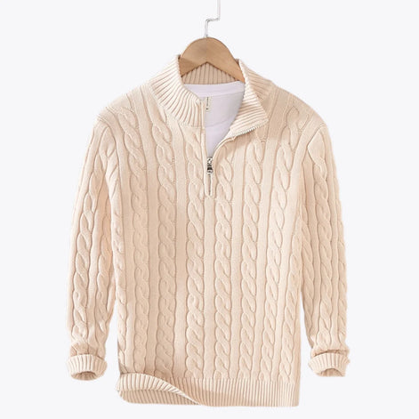 Herren Zopfmuster Pullover mit Viertelreißverschluss