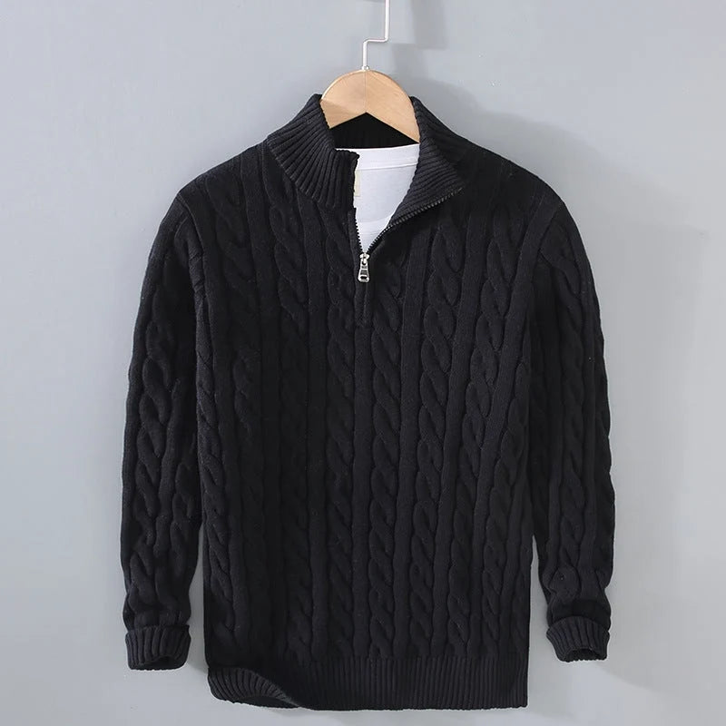Herren Zopfmuster Pullover mit Viertelreißverschluss