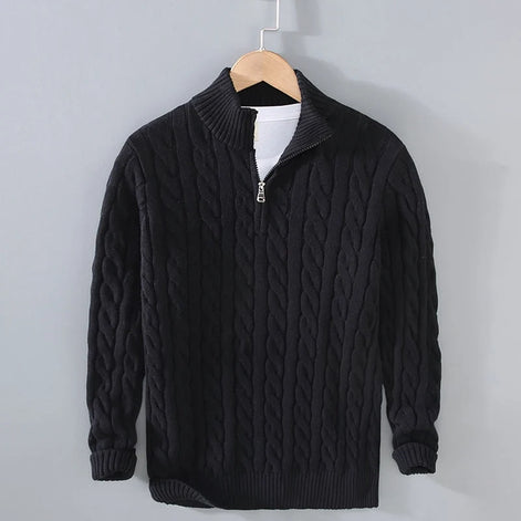 Herren Zopfmuster Pullover mit Viertelreißverschluss