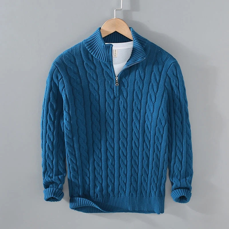 Herren Zopfmuster Pullover mit Viertelreißverschluss