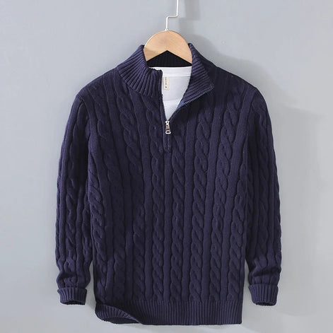 Herren Zopfmuster Pullover mit Viertelreißverschluss