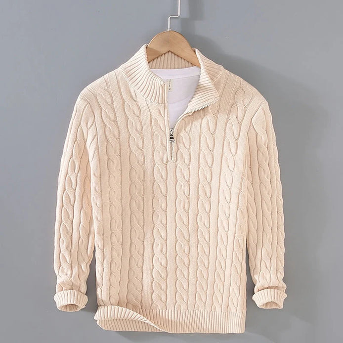 Herren Zopfmuster Pullover mit Viertelreißverschluss
