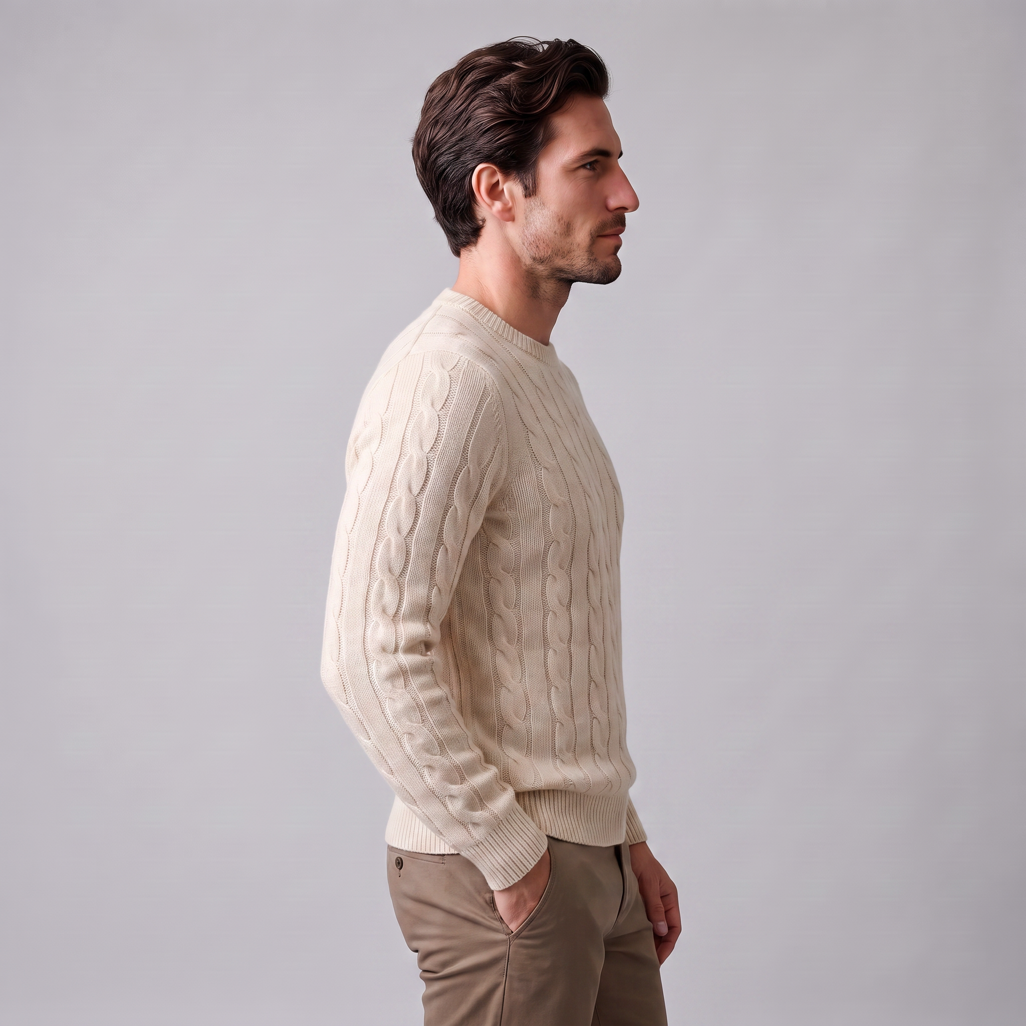 Herren Zopfstrick-Pullover aus Wolle mit Rundhalsausschnitt