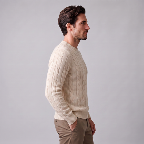 Herren Zopfstrick-Pullover aus Wolle mit Rundhalsausschnitt